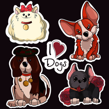 Set Of Stickers Dogs, Spitz, Bulldog, Foxhound, Corgi, Isolated Pictures And The Inscription I Love Dogs