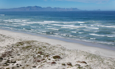 Cape Town, Western Cape / South Africa - 08/06/2011: Aerial photo of Muizenberg Beach with False Bay in the background