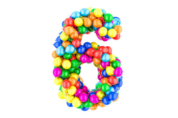 Number 6 from colored balloons, 3D rendering