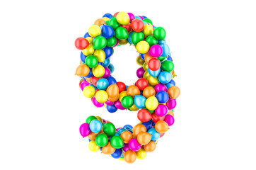Number 9 from colored balloons, 3D rendering