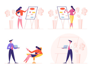 Set Male and Female Business People Analysing Scheme at Whiteboard, Performing Statistics Data with Businesswoman Character. Businessman Presentation with Laptop in Office. Cartoon Vector Illustration