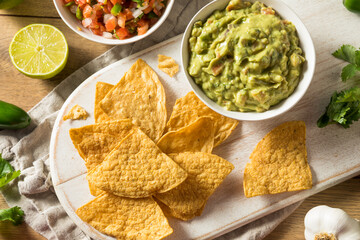 Homemade Tortillas Chips with Salsa and Guacamole