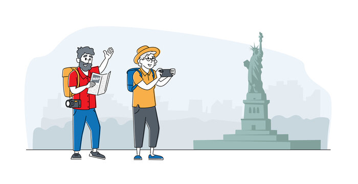 Senior Tourist Characters Watching Map and Making Picture in Trip. Elderly Traveling People with Photo Camera and Luggage Search Right Way in Foreign Country. Linear People Vector Illustration