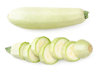 Zucchini whole and sliced on a white background, isolated. The view from top