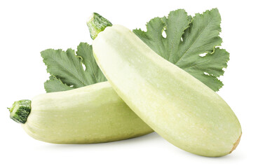 Two zucchini with a green leaf on a white background. Isolated