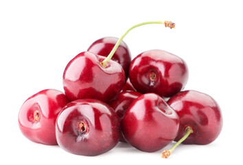 A pile of red sweet cherries on a white background. Isolated