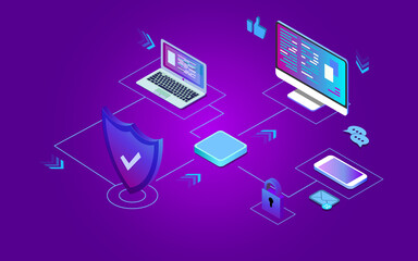 Isometric Security Data Protection concept. Server Pc monitor Tablet Phone Laptop in Cloud network. Vector illustration. EPS