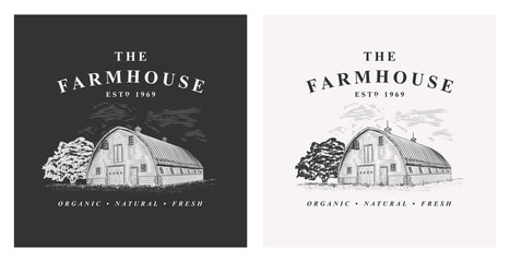 Farmhouse and tree rural vintage vector logo illustration - obrazy, fototapety, plakaty