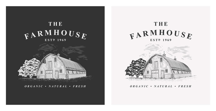 Farmhouse and tree rural vintage vector logo illustration