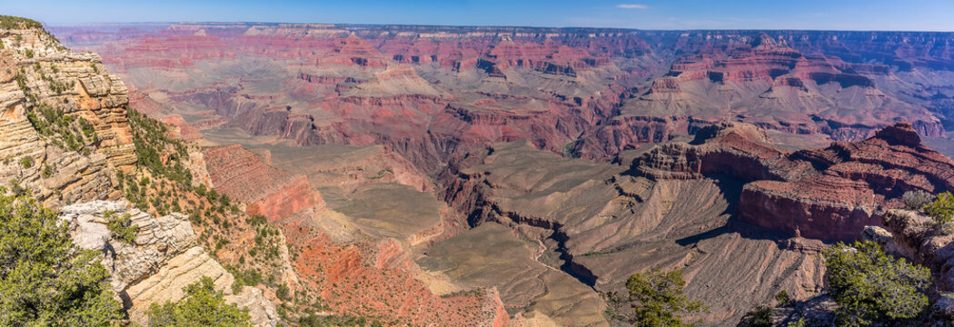 Panorama view of the Grand Canyon, Arizona from Mather Point to Yaki Point in springtime