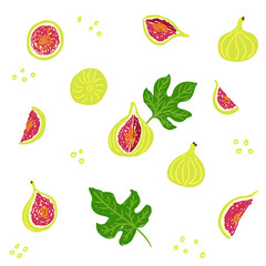 Green fig pattern. Ficus carica set. Cut fig, whole, half, leaf ornament