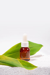 Natural cosmetology background. A glass dropper bottle with a pippette on eco materials like cement, leaf, cross section of the tree. Zero waste cosmetology, herbal ingridients. Oil massage. Spa oil. 