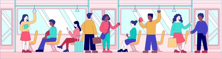Public transport and commuting concept with diverse passengers in a train seated and standing, colored vector illustration panorama banner