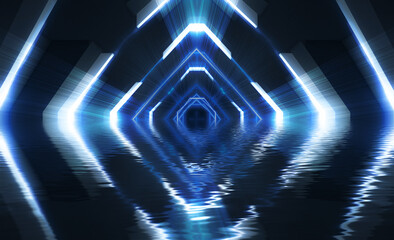 Fototapeta premium Light tunnel, abstract light reflected in the water. Blue background, rays and lines. Night view of the room.