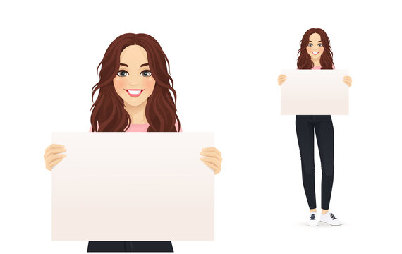 Beautiful smiling young woman in jeans holding empty blank board isolated vector illustration