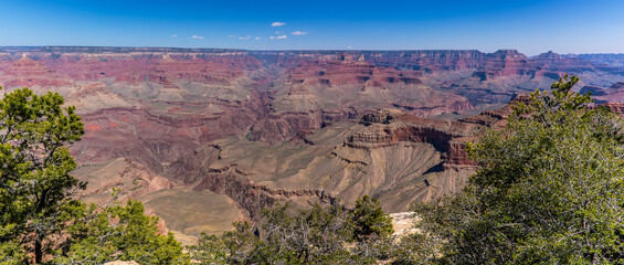 A panorama view towards Mather Point on the South rim of the Grand Canyon, Arizona in springtime