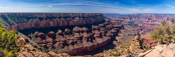 A view of multi-colored rock strata on a promontory from Yaki Point on the South Rim of the Grand...