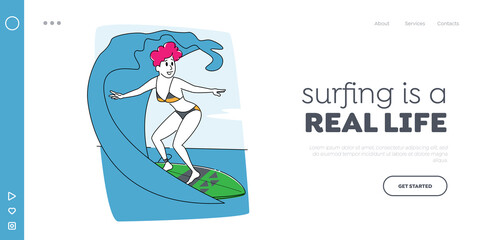 Summertime Vacation, Leisure in Exotic Country Landing Page Template. Surfing Recreation in Ocean. Young Woman Surfer Character in Swim Wear Riding Big Sea Wave on Board. Linear Vector Illustration
