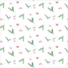 Pomegranate seeds and leaves seamless pattern on white background. Watercolor ornament for textile, wrapping paper