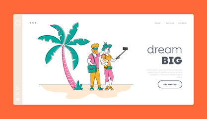Tourists Abroad Landing Page Template. Happy Couple Stand Together Posing and Gesturing Make Selfie Photo. Characters Photographing on Smartphone at Tropical Resort. Linear People Vector Illustration