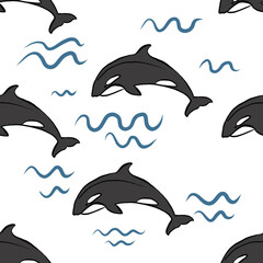Simple whale Orcas on white background seamless pattern. Vector illustration. Repeating pattern design.