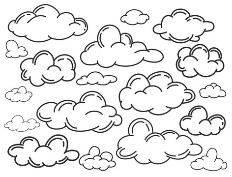 Hand draw the weather collection. Flat style vector illustration. Clouds doodle set. Outline stylized cloudscape in the sky.