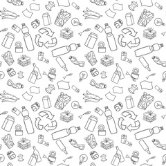 Garbage seamless pattern outline isolated on white background. Vector illustration.The concept of ecology and the World Cleanup Day
