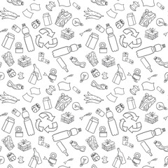 Obraz premium Garbage seamless pattern outline isolated on white background. Vector illustration.The concept of ecology and the World Cleanup Day