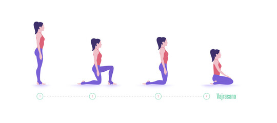 Yoga pose. Vajrasana - Adamantine Pose. Exercise step by step