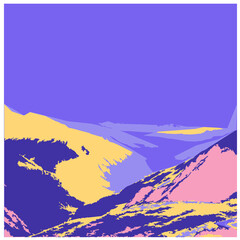 Landscape background or card template with abstract hills of warm vivid colors. Bright colored backdrops. Vector illustration in modern art style