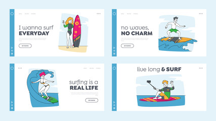 Fototapeta na wymiar Surfer Sport Activity Landing Page Template Set. Surfing People Characters Riding Surf Boards by Ocean Waves, Make Selfie. Sports Competition, Summer Sparetime, Lifestyle. Linear Vector Illustration