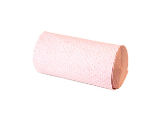 Thin roll of gray toilet paper made from recycled paper on white background