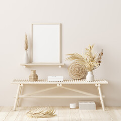 Mock up frame in home interior background, beige room with natural wooden furniture, 3d render	