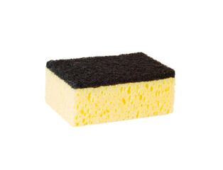 One yellow with black kitchen sponge for washing dishes on white background