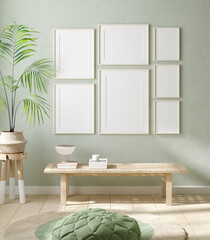 Mock up frame in home interior background, pastel green room with natural wooden furniture, 3d render © artjafara