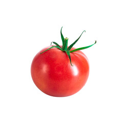 One ripe bright red tomato with green tail on white background