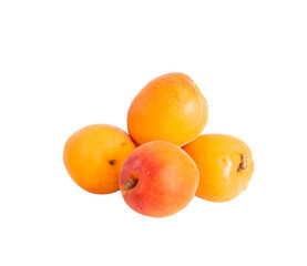 Few whole ripe orange apricots on white background