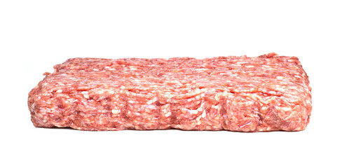 One rectangular minced pork and beef meat on white background