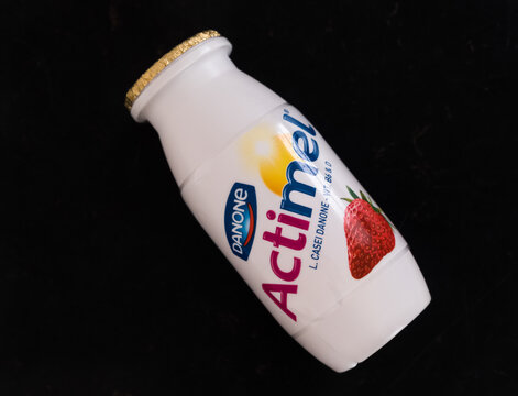 Largs, Scotland, UK - February 13, 2018: A pot of Actimel yogurt drink produced by the Danone brand.