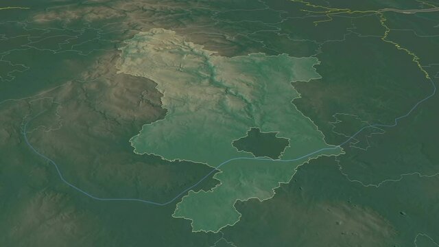 Derbyshire, administrative county with its capital, zoomed and extruded on the relief map of England in the conformal Stereographic projection. Animation 3D