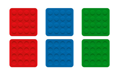 Optical illusion. Bump pattern with light shading at he top, dimple pattern with dark shading at the top. Concave and convex circles on red, blue and green plates. Vector on white.
