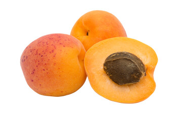 Apricot fruit isolated on white background.  Apricot and cross-section
