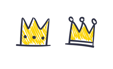 Set of hand drawn doodles crowns. Vector illustrations. Queen and King symbols.