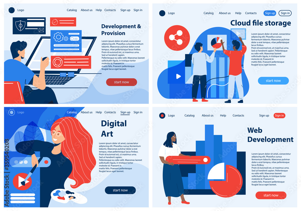 Aufkleber three ui landings or business templates for digital art, cloud file storage, web development and dev