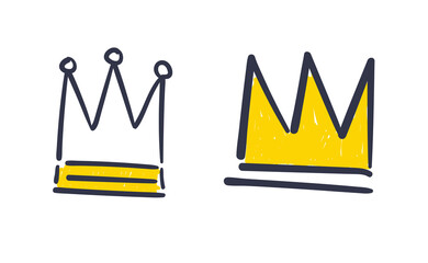 Set of hand drawn doodles crowns. Vector illustrations. Queen and King symbols.
