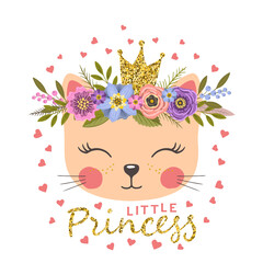 Little Princess with floral wreath. Cute cat with crown
