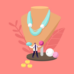 Tiny Female Character Holding Colorful Beads Stand at Huge Mannequin with Beautiful Handmade Necklace. Creative Hobby, Handcraft for Selling, Jewelry Bijouterie Concept. Cartoon Vector Illustration