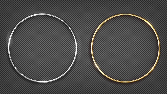 Vector gold and silver ring frame. Round banner. Isolated on a black transparent background. Vector illustration