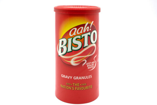 largs, Scotland, UK - October 04, 2018: Bisto branded gravy granules in a cardboard composite recyclable container in line with UK current recycling initiatives.