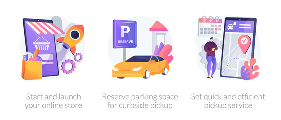 Online store pickup service abstract concept vector illustration set. Reserve parking space, curbside pickup, small business amid pandemic, grocery and essentials, employee safety abstract metaphor. © Visual Generation